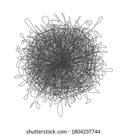 Tangled chaos abstract hand drawn messy scribble ball vector illustration. Random chaotic dynamic scrawl lines. Wild emotion irregular pattern isolated on white background.