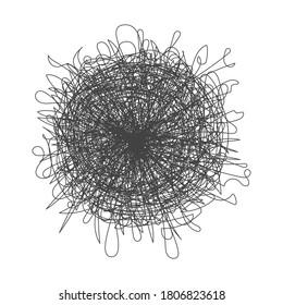 Tangled chaos abstract hand drawn messy scribble ball vector illustration. Random chaotic dynamic scrawl lines. Wild emotion irregular pattern isolated on white background.