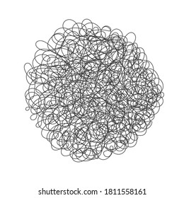 Tangled chaos abstract hand drawn messy scribble ball vector illustration. Random chaotic dynamic scrawl lines. Wild emotion irregular pattern isolated on white background.