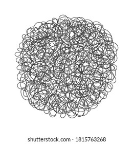 Caos enmarañado abstracto dibujado a mano desordenada ilustración vectorial de bola de garabato. Líneas de rastreo dinámico caótico y aleatorio. Patrón irregular de emoción salvaje aislado en el fondo blanco.
