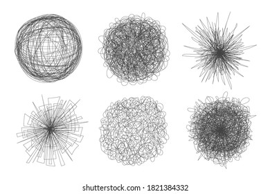 Tangled chaos abstract hand drawn messy scribble ball vector illustration set. Random chaotic dynamic scrawl lines collection. Wild emotion irregular patterns isolated on white background.