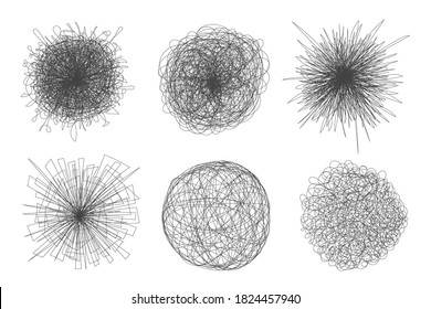 Tangled chaos abstract hand drawn messy scribble ball vector illustration set. Random chaotic dynamic scrawl lines collection. Wild emotion irregular patterns isolated on white background.