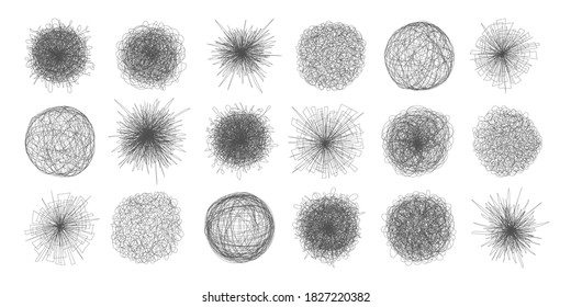 Tangled chaos abstract hand drawn messy scribble ball vector illustration set. Random chaotic dynamic scrawl lines collection. Wild emotion irregular patterns isolated on white background.