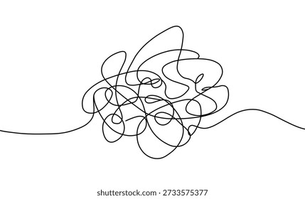 Tangled chaotic scribble line drawing illustrates confusion and complexity problem solving concept
