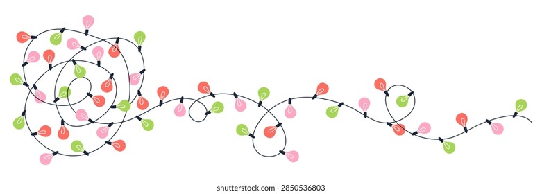 Tangled Christmas string lights border with colorful bulbs for minimalist holiday banner decor