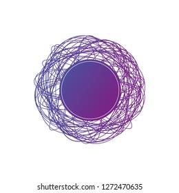 Tangled circle clew with space for text, Colored intricate texture. Chaotic colorful tangled circles. Chaos stripes. Vector Illustration isolated on white background.