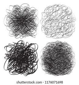 Tangled circle patterns on white. Monochrome intricate texture. Chaotic lines. Background with chaos stripes and waves. Print for polygraphy, shirts, banners and textiles. Black and white illustration
