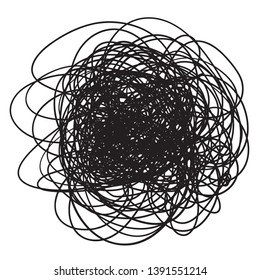 Tangled circle shape on white. Hand drawn hatching dinamic lines. Black and white illustration