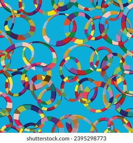 Tangled colorful 3d circles seamless pattern on black background; chain colorful pattern