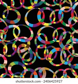 Tangled colorful 3d circles seamless pattern on black background; chain colorful pattern