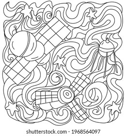 Tangled coloring page on space theme, contour wavy patterns and spacecraft vector illustration