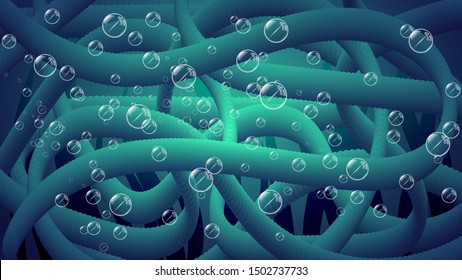 tangled corrugated cable under water among air bubbles of different sizes against a background of algae. art wallpaper with 3D effect. vector image