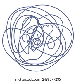 Tangled doodle ball. Shape with heart inside. Sketch. Vector illustration. Hand drawn abstract object. Chaotic lines drawn with blue pen. Outline on isolated background. Doodle style. 