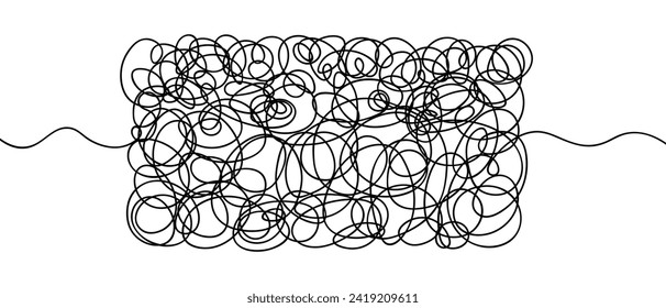 Tangled doodles in the shape of a rectangle. Sketch. Rectangle with threads on the sides. Vector illustration. Hand drawn abstract swirl object. Outline on isolated background. Idea for web design.