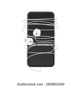Tangled Earphones on Phone Vector Illustration Background