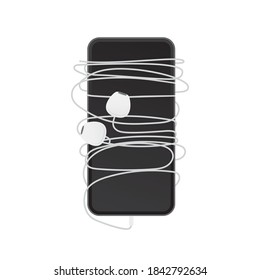 Tangled Earphones on Phone, Earphones Wrapped Around Phone, Smart Phone Icon, Earbuds Icon, Wrapped Earphones, Audio Cables Tangled Vector Illustration Background