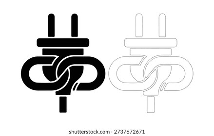 Tangled Electrical Plug Icon. Power Cord Tied in a Knot Symbolizing Connection Issues, Energy Problems, or Complex Solutions in Minimalist Black and White Vector for WebApp.