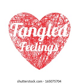 Tangled feelings - scribbled heart background.