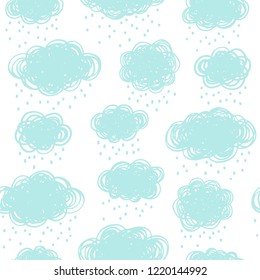 Tangled fluffy doodle style clouds and falling snow, rain drops vector seamless repeat pattern. Winter, autumn, weather hand drawn background with scribble textured rounded scribble shapes. Blue color