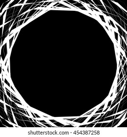 Tangled geometric lines abstract geometric background, frame with space at center