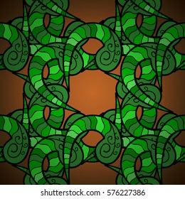 Tangled green seamless pattern on golden background. Radial gradient shape.