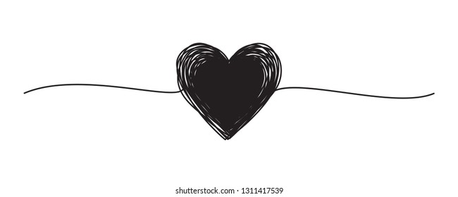 Tangled grungy black heart scribble hand drawn with thin line, divider shape. Isolated on white background. Vector illustration