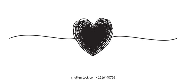 Tangled grungy black heart scribble hand drawn with thin line, divider shape. Isolated on white background. Vector illustration