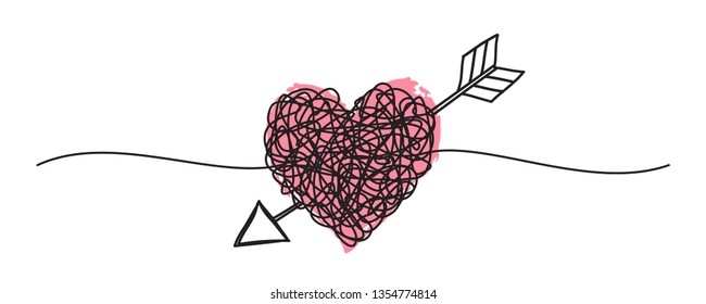 Tangled grungy heart and arrow scribble hand drawn with thin line, divider shape. Isolated on white background. Vector illustration