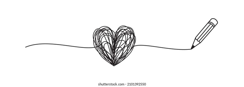 Tangled grungy heart scribble drawn with a pencil concept
