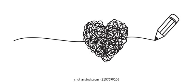 Garabatos de corazón machacado dibujados con un concepto de lápiz