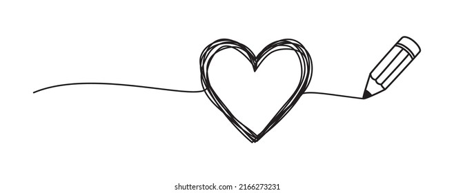 Tangled grungy heart scribble drawn with a pencil in thin line, divider shape. Isolated on white background. Vector illustration