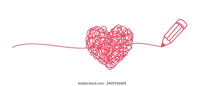 Garabato de corazón agrio enmarañado dibujado a mano con forma de línea delgada, divisor. Aislado sobre fondo blanco. Ilustración del vector