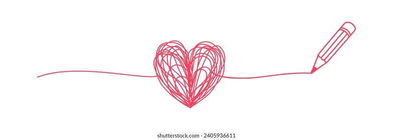 Garabato de corazón agrio enmarañado dibujado a mano con forma de línea delgada, divisor. Aislado sobre fondo blanco. Ilustración del vector
