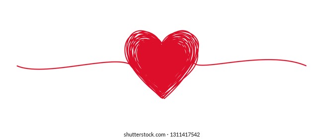 Tangled Grungy Red Heart Scribble Hand Drawn With Thin Line, Divider Shape. Isolated On White Background. Vector Illustration
