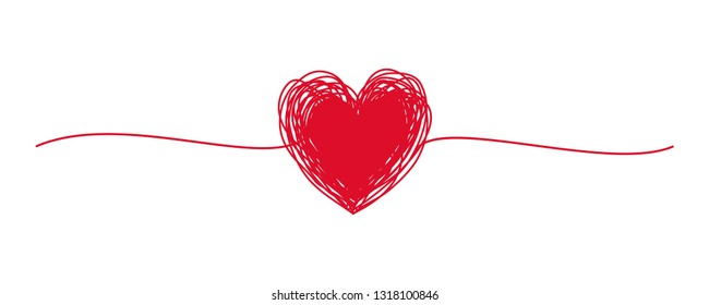 Tangled grungy red heart scribble hand drawn with thin line, divider shape. Isolated on white background. Vector illustration