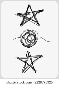 Tangled grungy round scribble hand drawn with thin line, shape star and circle in Vector illustration