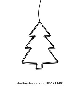 Tangled grungy scribble Christmas Pine Tree decoration hand drawn with thin line, hanging on a string. Isolated on white background. Vector illustration