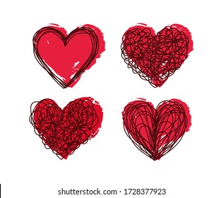Tangled grungy scribble hearts set, hand drawn with thin line and red ink. Isolated on white background. Vector illustration