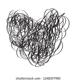 Tangled heart on white. Chaos pattern. Scribble sketch. Background with array of lines. Intricate chaotic texture. Black and white illustration. Doodle for poster or flyer