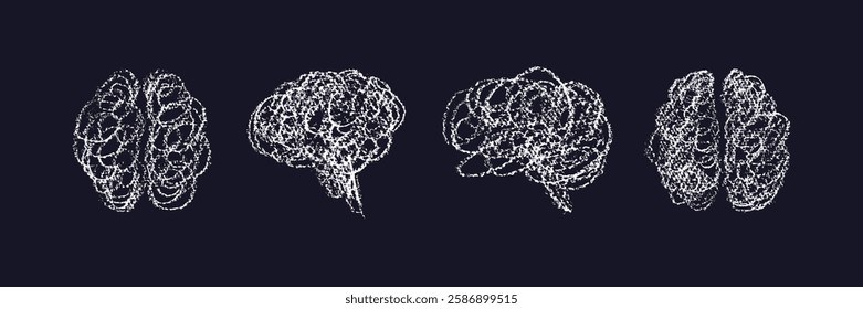 Tangled human brain. Vector grungy scribble sketch. Symbol of genius idea. Bad mental health. Problems, stress, sad doodle sign. Hand drawn abstract art collection of isolate from side and top view