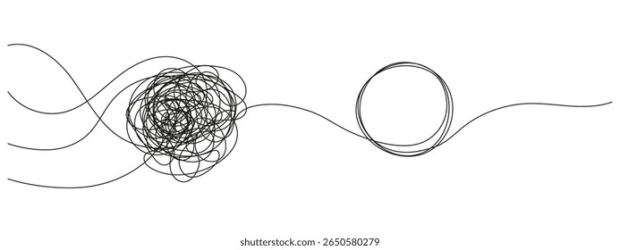Linha entrelaçada e nó de círculo se desfazendo. Símbolo de clareza mental, cura emocional e terapia. Um vetor de linha para psicologia, recuperação de trauma ou conceitos de equilíbrio interno.