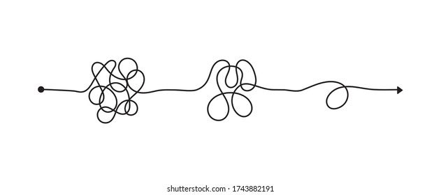 Tangled line, complex knot rests in straight line, isolated vector illustration