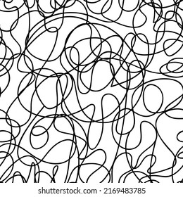 Tangled line seamless pattern. Handwritten doodles. Lines and shapes. Handwritten marker design elements on white background.