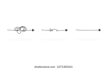 Tangled line vs clear line. Abstract metaphor of complicated way of thinking and simple way. Arrow symbol. Lines unraveling process. Business problem solving or difficult situation.