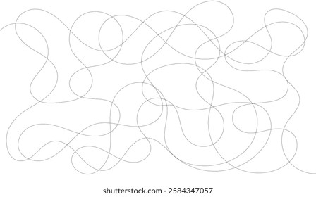 Tangled linear chaos creating a minimalist aesthetic effect with intersecting curves and flowing, intertwined lines on a stark white background