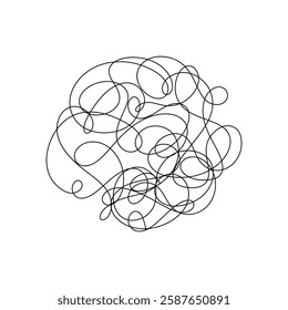 Tangled lines, abstract disorder, chaos. Black and white graphic simple sketch illustration, hand-drawn isolated on a white background, vector. Complex brainstorming, drawing with an arbitrary line