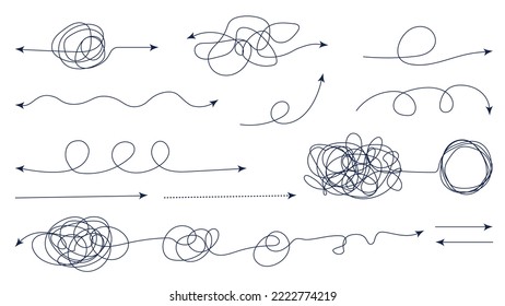 Líneas entrelazadas con flechas, resolviendo el caos. Las líneas entrelazadas se convierten en líneas rectas como un concepto para resolver el caos. Conjunto de líneas enredadas y rectas. Ilustración del vector