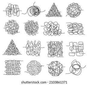 Líneas enturbiadas, garabatos de caos, gafas y nudos desordenados. Doodles caóticos dibujados a mano, garganta enredadera, garrapatas aleatorias conjunto de vectores. Pensamientos e ideas complicados, laberinto curvado