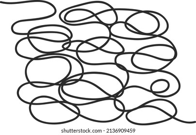 Tangled lines, chaos scribbles, messy squiggles and knots. Hand drawn chaotic doodles, entwined tangle scrawl, random scribble Vector set. Complicated thoughts and ideas, curled maze