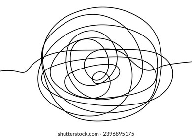 Tangled lines from doodles. Sketch. Vector illustration. A hand-drawn ellipse made of threads. Abstract flattened ball with a beginning and an end. Outline on isolated background. Idea for web design.